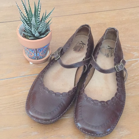 Clarks Shoes - Clarks Brown Leather MaryJane Flats with Scalloped Details